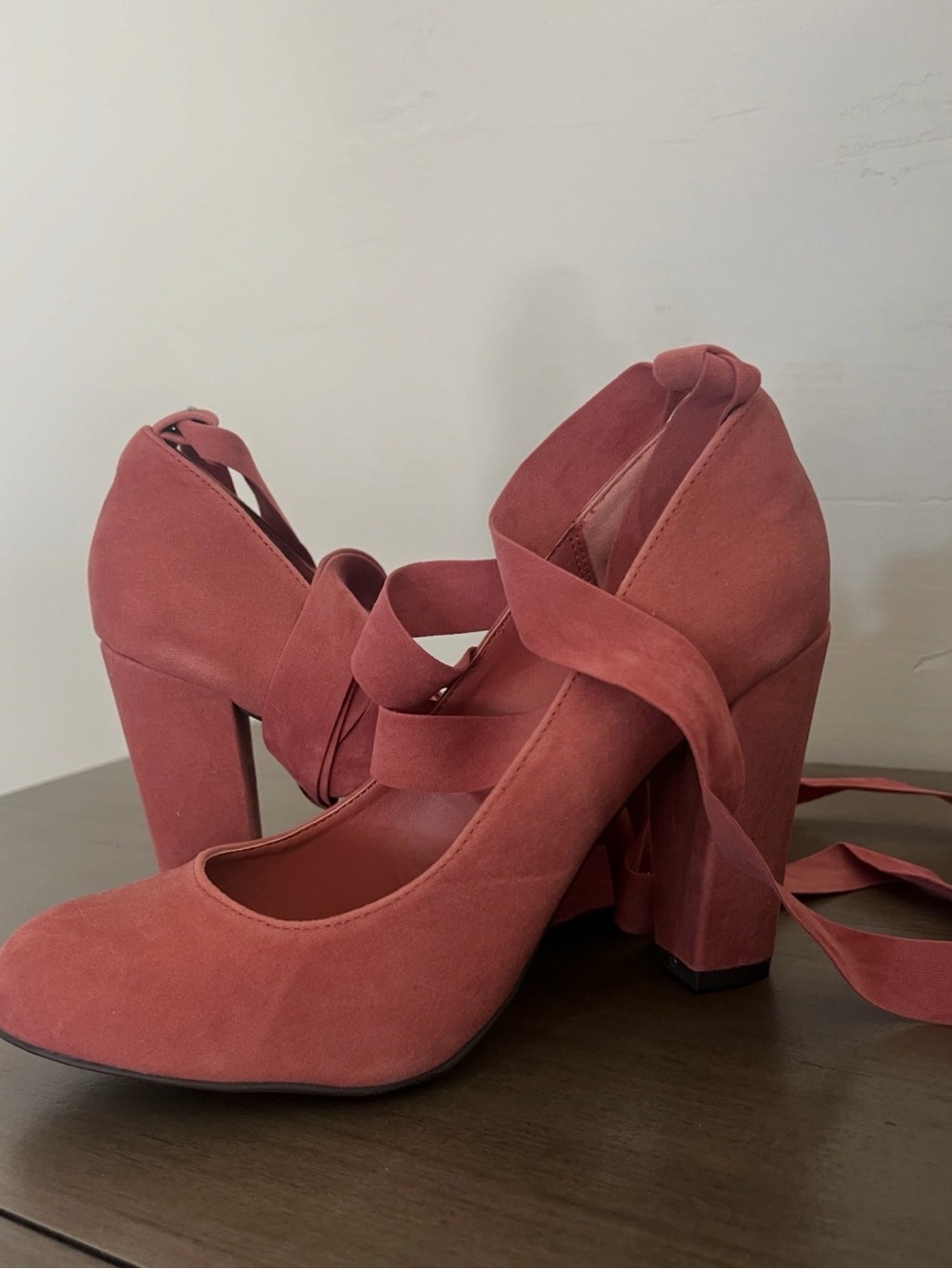 BAMBOO Rust Suede Chunky Heel Lace-Up Pumps